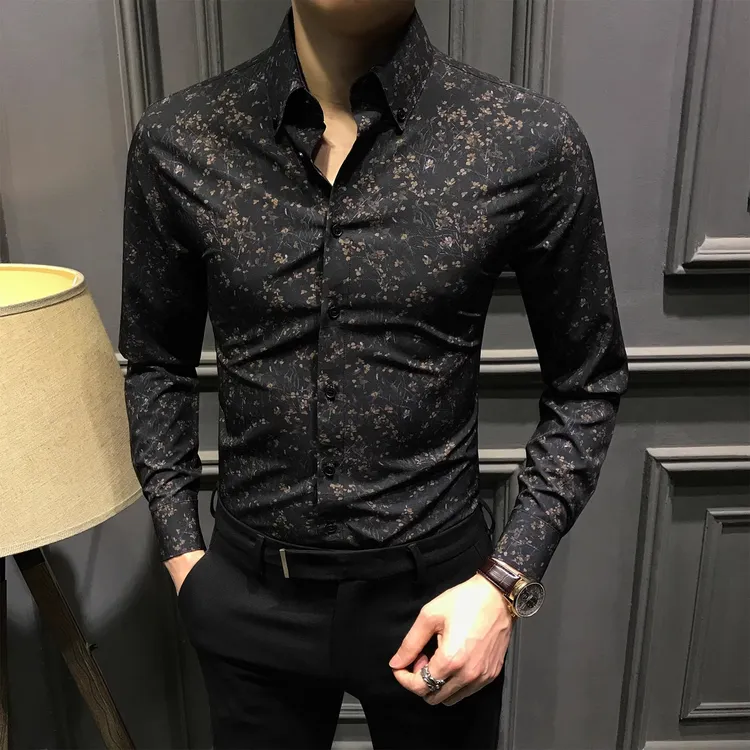 抗皱新款时尚印花衬衣青年修身百搭上衣免烫痞帅碎花男士长袖衬衫