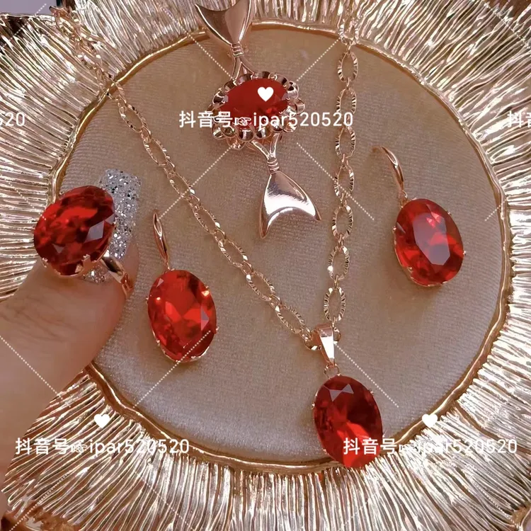 铜合金锆石项链 首饰镶嵌轻奢血红色锆石项链饰品耳环戒指胸针