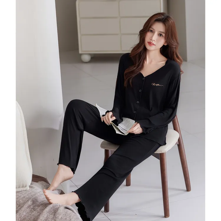 睡衣女春秋季莫代尔长袖v领开衫简约字母高级感可外穿家居服套装
