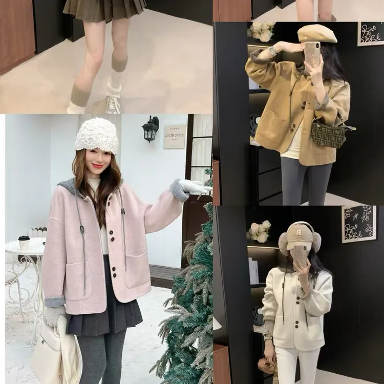 【韩衣舍】5856高品质秋冬新款连帽短款撞色洋气韩系风双面大衣