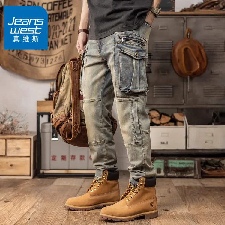 真维斯秋美式复古机车工装牛仔裤男士弹力修身潮牌直筒锥形休闲裤
