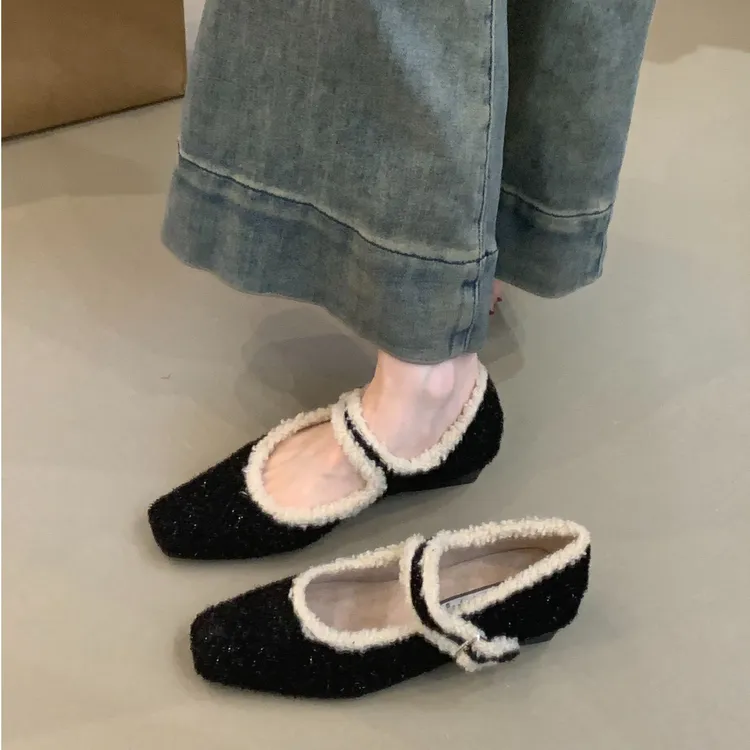 JM-1973-22温柔仙女风玛丽珍鞋2025秋冬法式小香风方头加绒晚晚鞋