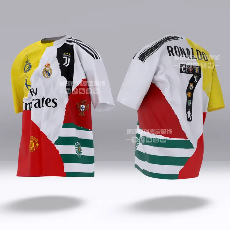 甲亢哥同款C罗创意拼接球衣速干梅西10号短袖T恤衫C罗拼接球衣7号