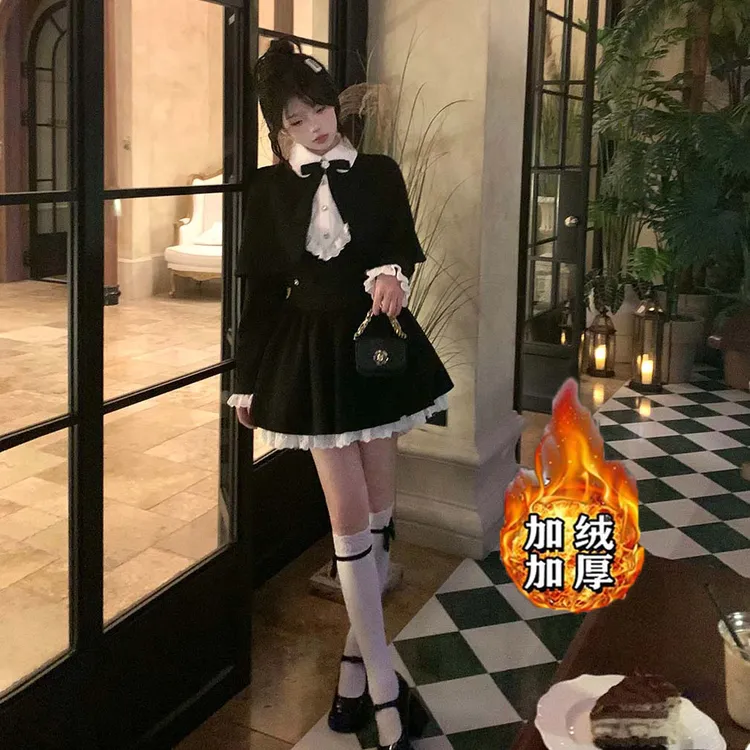 【加绒加厚】【两件套】披肩斗篷连衣裙套装富家千金风DM0114