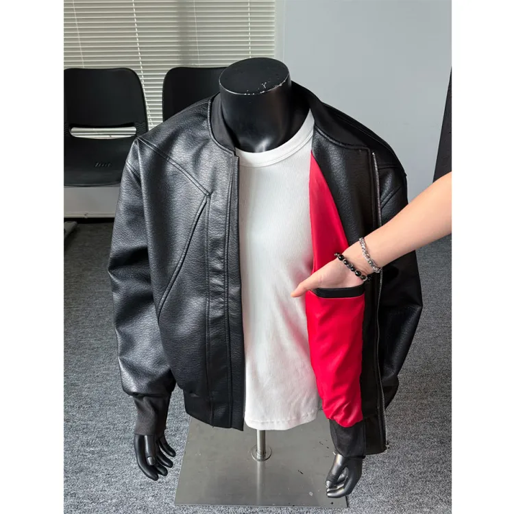 黑色解构拼接皮衣外套男款秋季高级感痞帅棒球服美式短款机车夹克