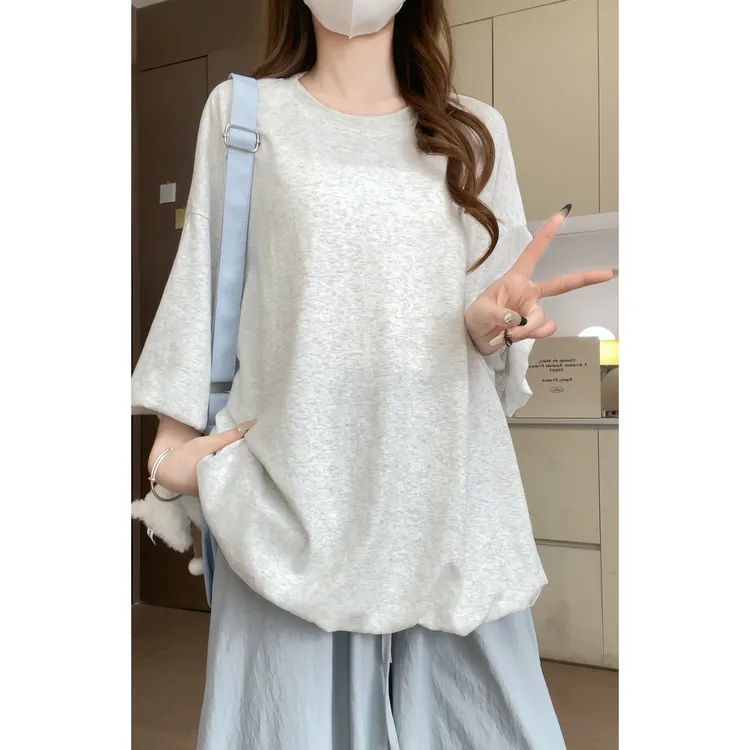 鑫鑫同学灰色圆领花苞短袖T恤简约女2025新款夏oversize大版上衣
