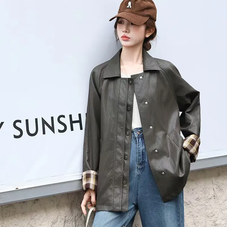 高级感宽松蛋白皮皮衣外套女2025秋季新款翻领复古·中长款机车服