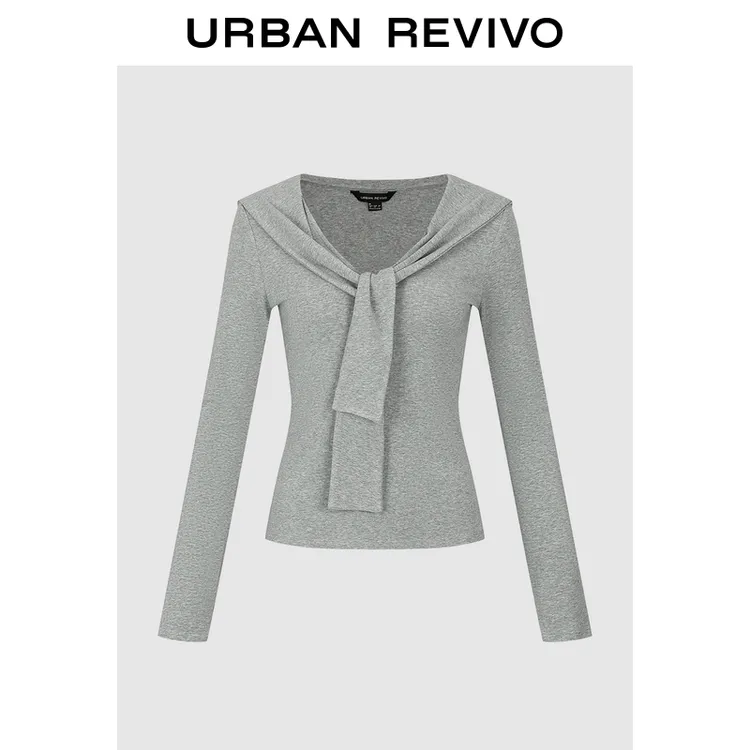 UR2025秋季新款女装都市设计感系带V领修身T恤UWU450038