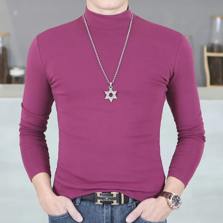 半高领T恤酒红修身男士打底衫日常中年高领秋冬长袖修身棉上衣服