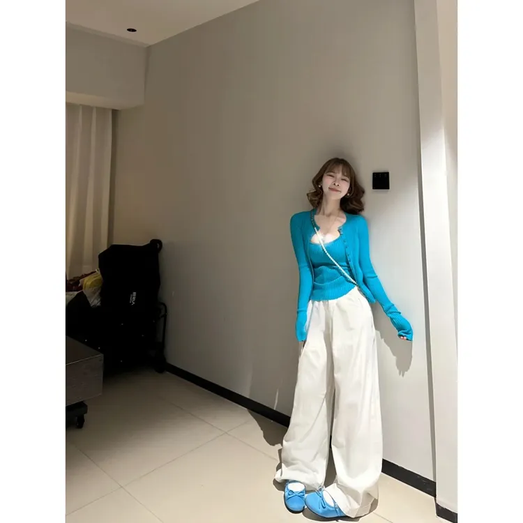 纯欲甜辣妹蓝色针织吊带开衫两件套装女夏季2025新款爆款短款上衣