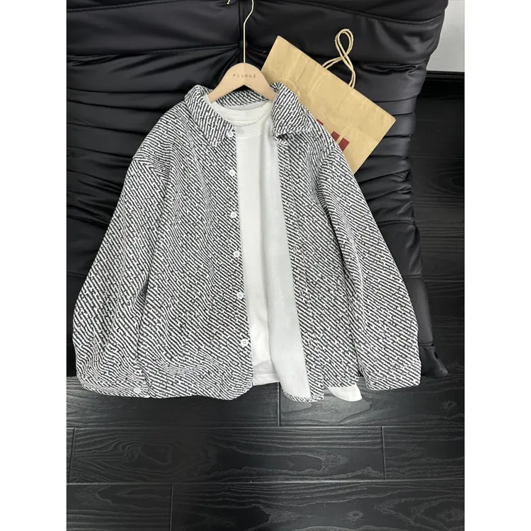 黑白小香风针织加绒衬衫男款秋冬季潮牌外套宽松休闲翻领长袖衬衣