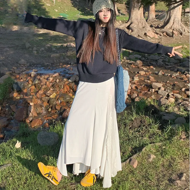 罗马假日 白色重工不规则A字半身裙时尚蕾丝拼接显瘦鱼尾长裙