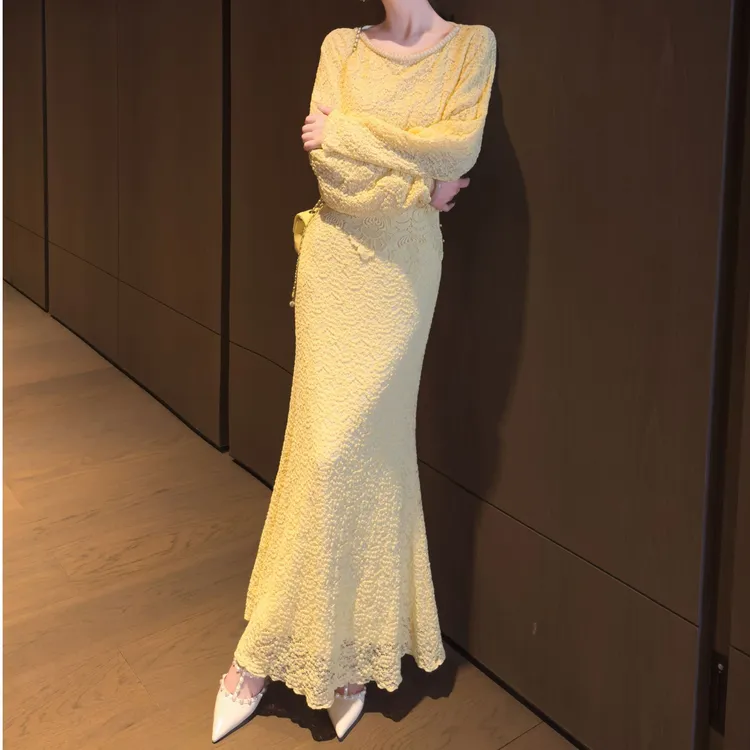 时尚高级感套装女初秋松弛肌理感织带蕾丝花边黄色衣半身裙两件套