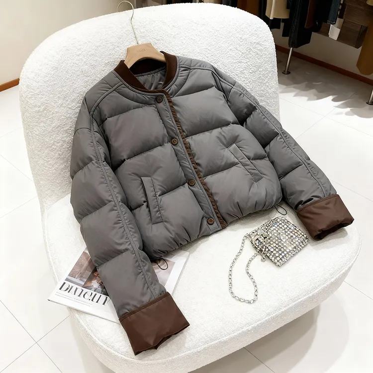 小个子时尚灰色短款棉服外套女2025冬季新款简约百搭圆领加厚棉衣