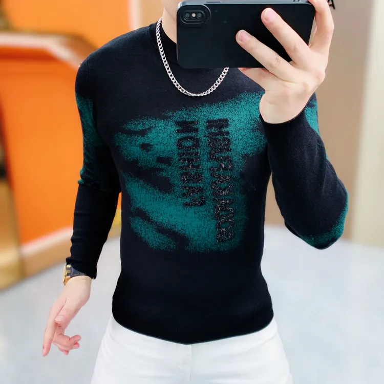 阿凯严选-欧货冬季新款男士潮流针织摩卡绒修身圆领个性毛衣打底