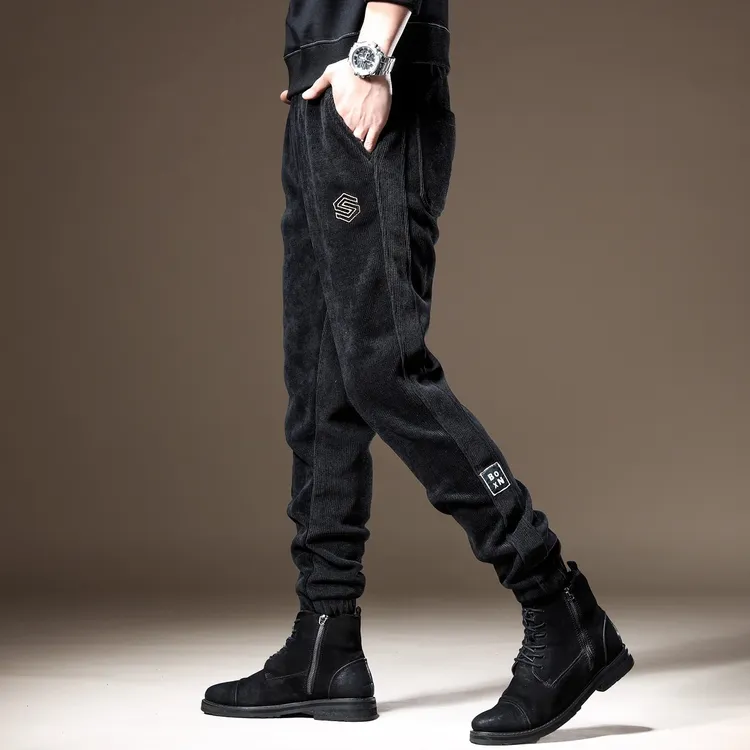高端秋季加绒雪尼尔休闲裤男潮牌痞帅束脚宽松灯芯绒美式运动卫裤