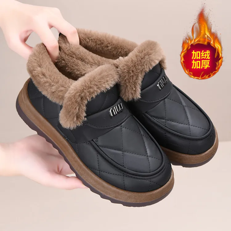 2025冬季新款时尚优雅休闲毛毛百搭女士加绒加厚休闲棉鞋软底防滑