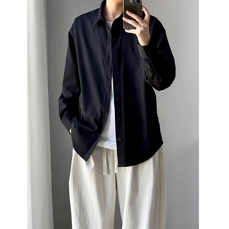 黑色冰丝教父衬衫男高级感痞帅夏季薄款cleanfit叠穿长袖衬衣外套