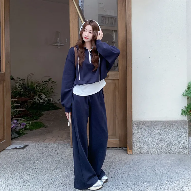 藏青色休闲慵懒风卫衣套装裤2025春秋新款小众韩系ins松弛感套装