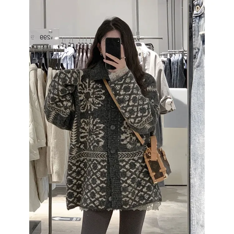 复古费尔岛灰色高领毛衣外套女秋冬加厚立领慵懒风高级感针织开衫