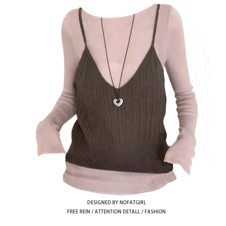 大码胖妹妹韩系复古软糯麻花吊带背心女秋季修身打底衫叠穿两件套