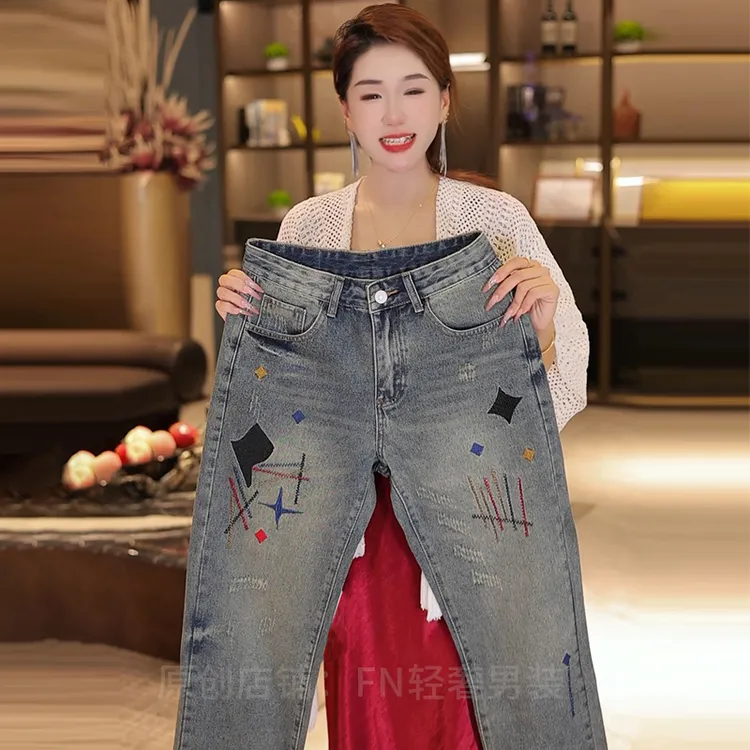 2025秋季新款美式高街男士牛仔裤重工刺绣宽松休闲百搭潮牌男款