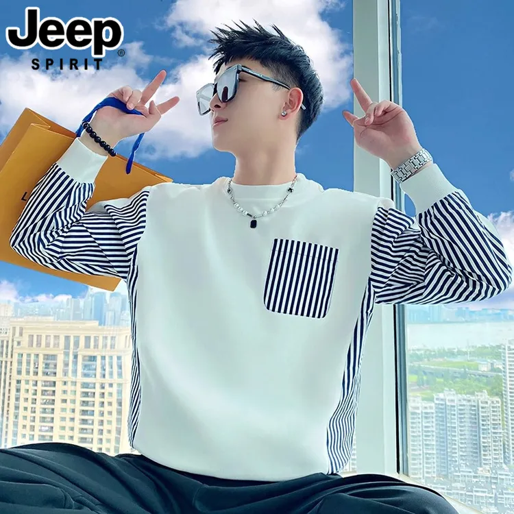 JEEPSPIRIT吉普男士春秋潮牌痞帅条纹长袖T恤潮流休闲秋装上衣服