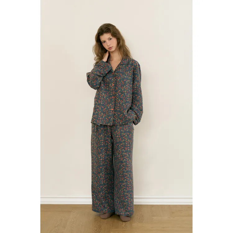 Ullala韩国进口复古碎花翻领长袖睡衣女大码秋冬家居服套装25273