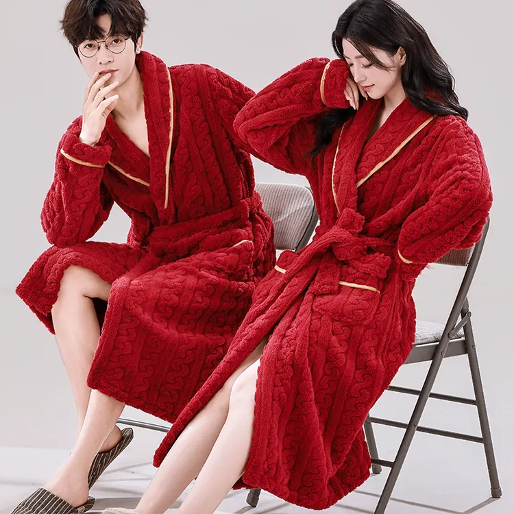 秋冬季长款红色加绒睡袍男士加肥大码法兰绒情侣浴袍女冬加厚睡衣