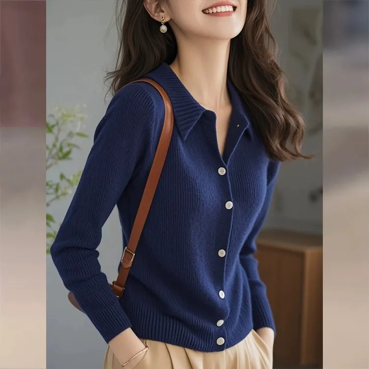 3737蓝色针织开衫外套春季大码胖mm休闲百搭慵懒风Polo领毛衣上衣