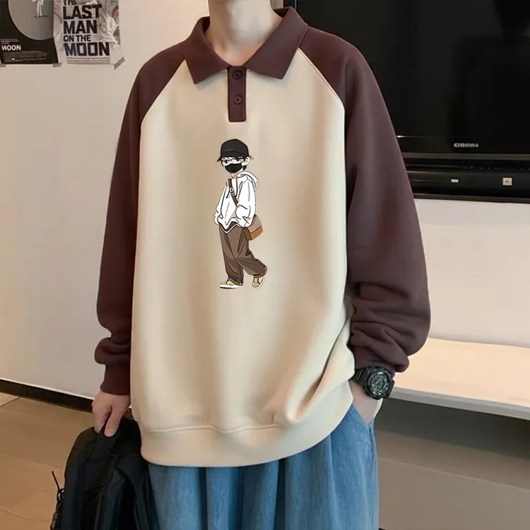 翻领拼色秋冬polo衫卫衣男生宽松大码潮牌休闲外套长袖上衣青少年
