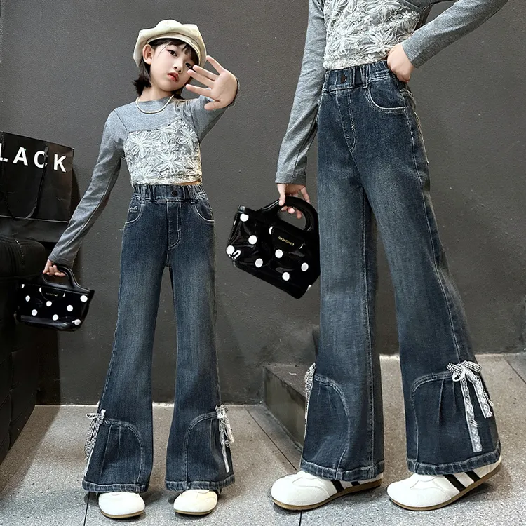 女童裤子秋2025新款儿童秋季弹力牛仔喇叭裤女孩大童微喇裤初中生