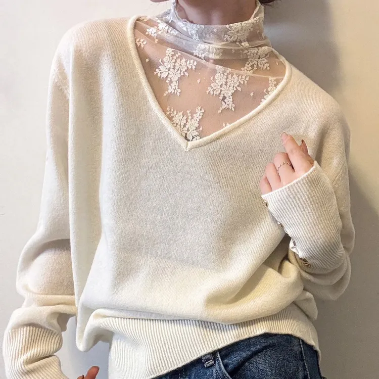 【100%山羊绒 251033】2025秋冬新款蕾丝拼接半高领纯色纯欲风打底