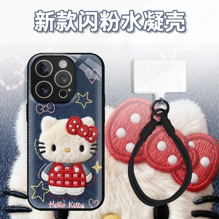 毛绒kt牛仔布纹水凝玻璃壳适用iPhone苹果17手机壳华为oppo小米vi