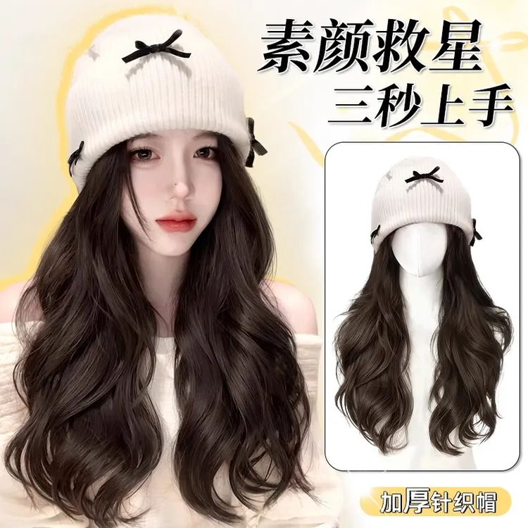 假发帽子一体秋冬新款蝴蝶结长卷发针织帽假发全头套女整顶假发帽