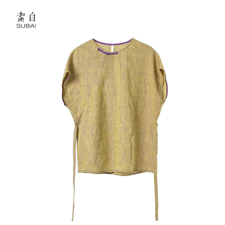 素白【映夏】禅意中式S01621色织亚麻撞色套头随性简约衬衫