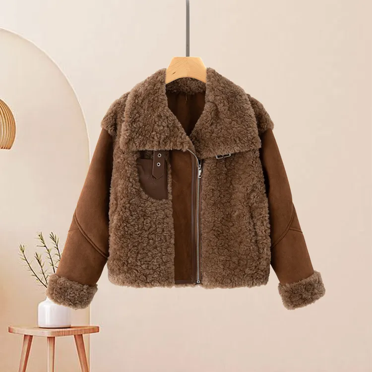 鳄诺妮 新款皮毛一体上市翻领拉链款 时尚 厚款短外套冬季 皮夹克