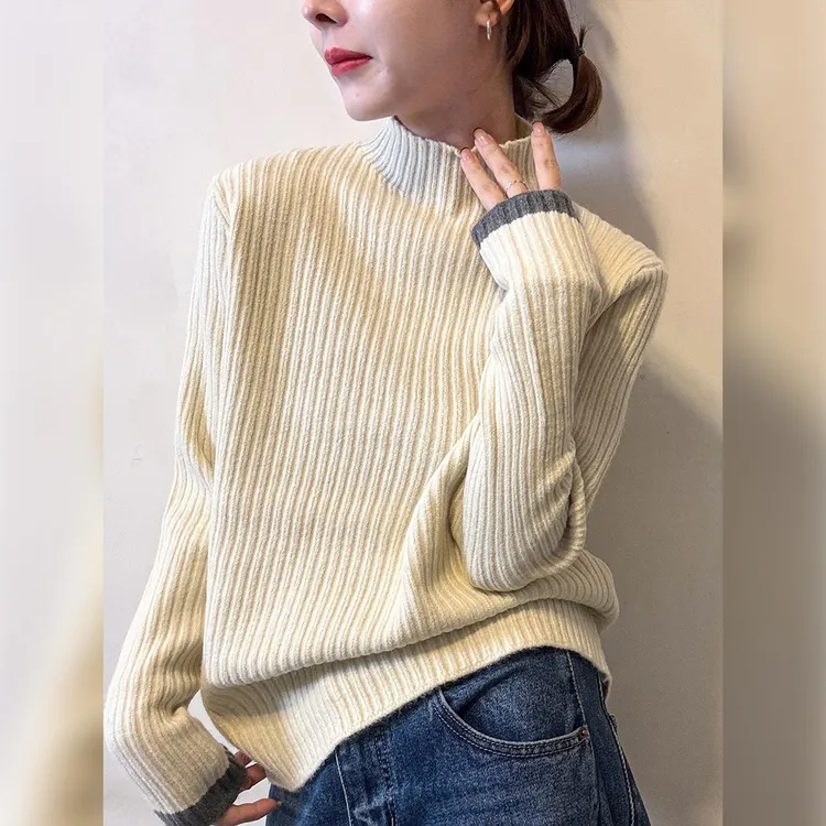 2025冬季休闲百搭长袖针织衫毛衣半高领套头打底衫时尚撞色上衣女