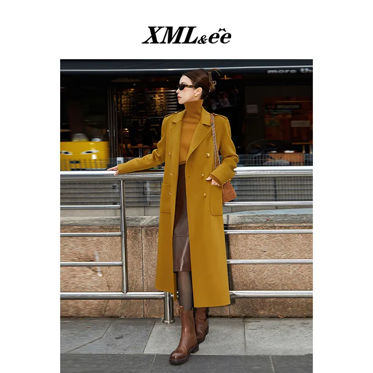 XMLee艾米尔 黄绿色100%绵羊毛双面呢长款大衣外套 X441D5048