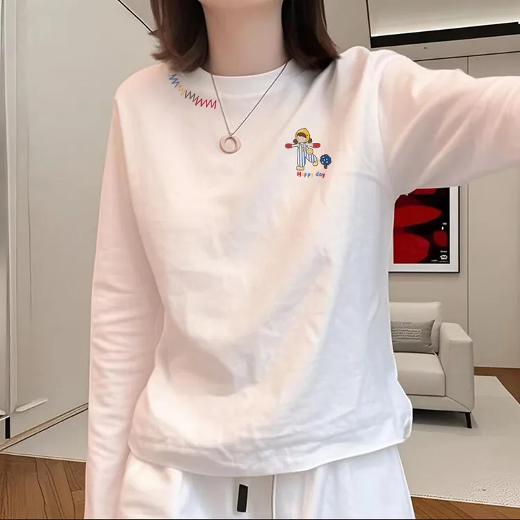 2025新款秋季宽松圆领白色长袖T恤女装休闲高级感别致打底衫上衣