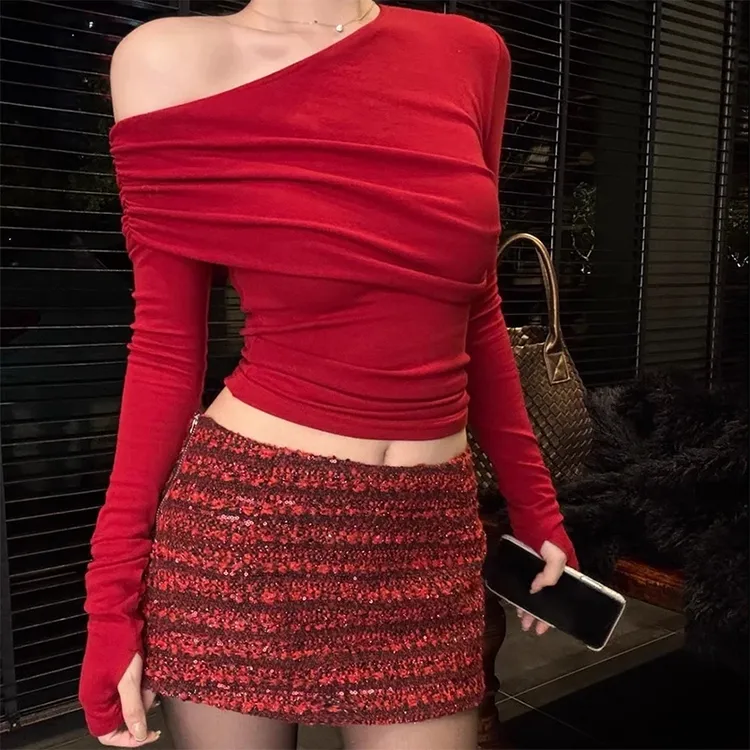 梦优莱/气质高级感斜领褶皱内搭长袖T恤女装秋冬打底衫显瘦上衣服