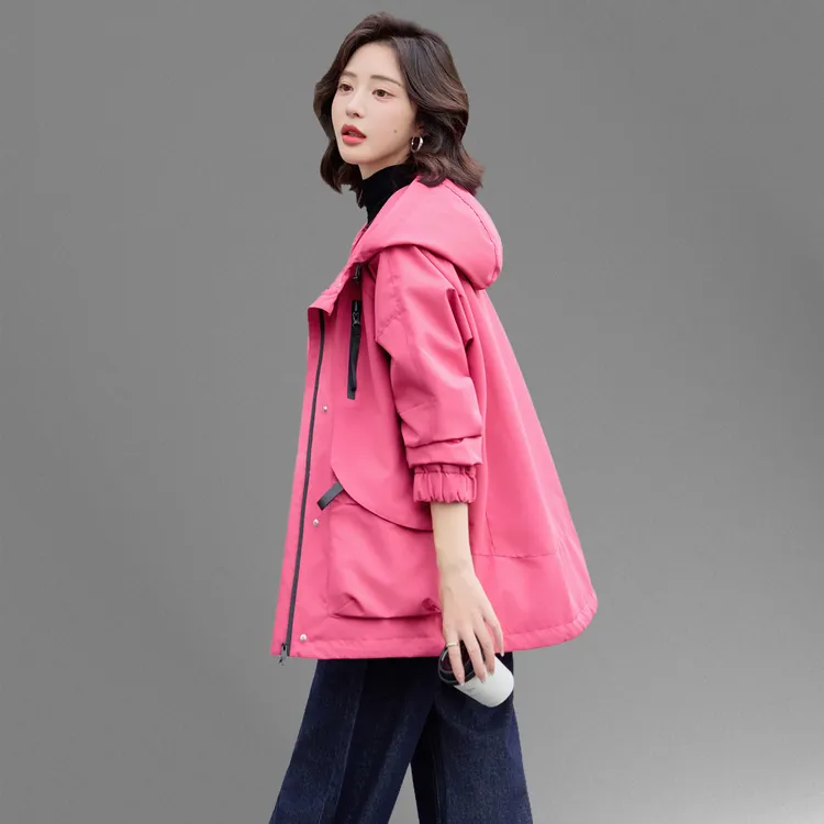 宽松大码连帽风衣外套女中长款2025春秋新款韩版显瘦百搭工装上衣