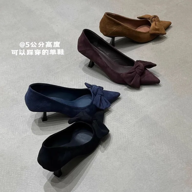 2025秋季新款尖头绒面蝴蝶结复古高跟鞋女时尚百搭细跟通勤单鞋