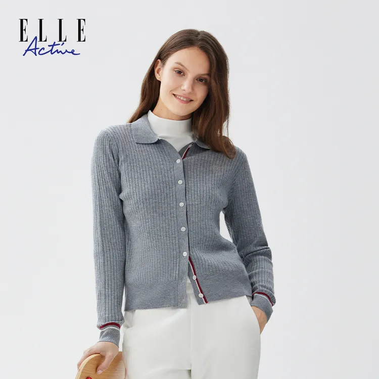 ELLE Active【含绵羊毛】高智感穿搭针织衫女纯色时尚气质开衫上衣