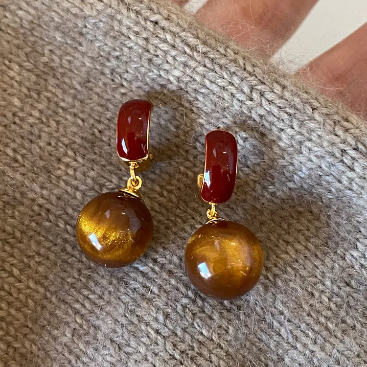 铜合金耳饰 美拉德红色滴油虎眼石耳钉女2025新款耳环秋冬耳饰潮