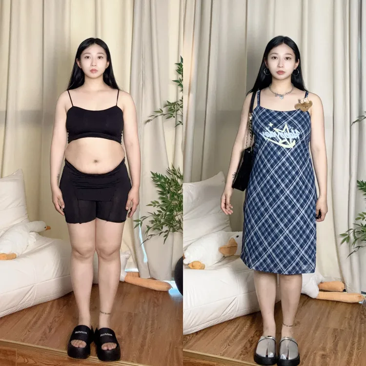 【周盼盼】大码胖MM韩系辣妹撞色印花小熊格纹吊带裙修身显瘦连衣裙