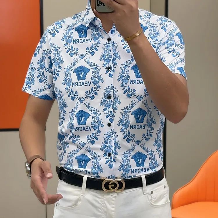 新款轻奢男士3D衬衫夏季潮流修身T恤冰衫透气短袖