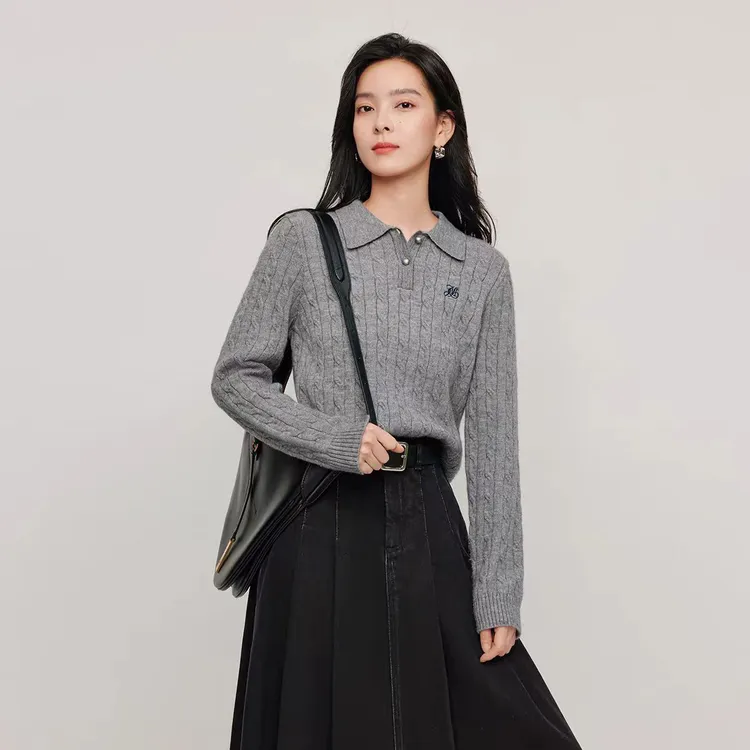 秋冬翻领秋季毛针织衫女打底衫polo衬衫袖老钱风别致独特小上衣