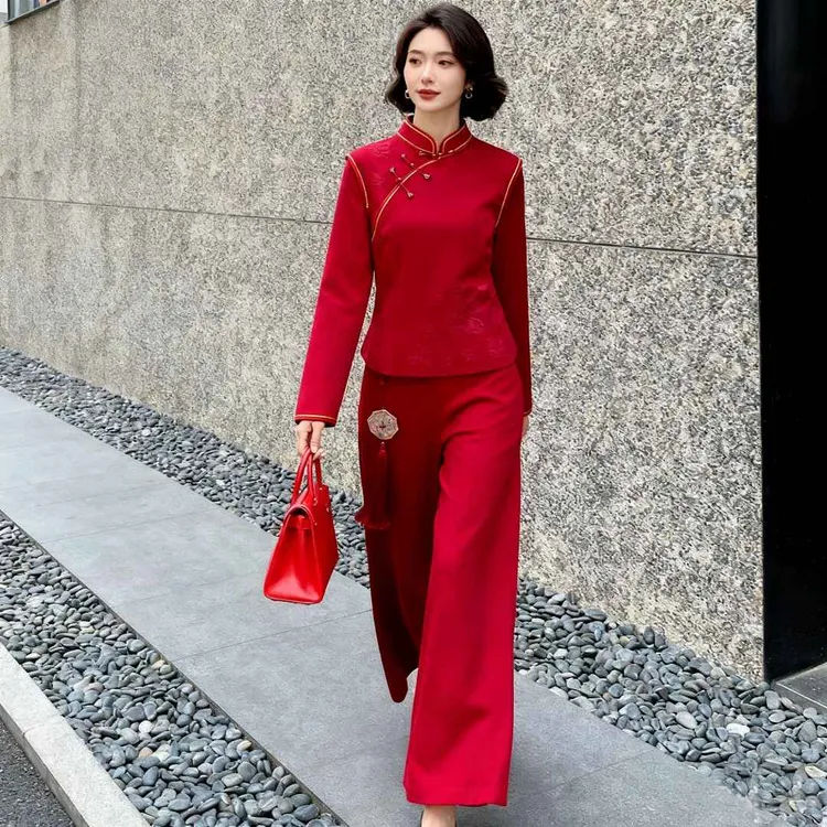 秋冬加绒气质大红色两件套新娘中式女装长袖立领常规喜庆上衣唐装