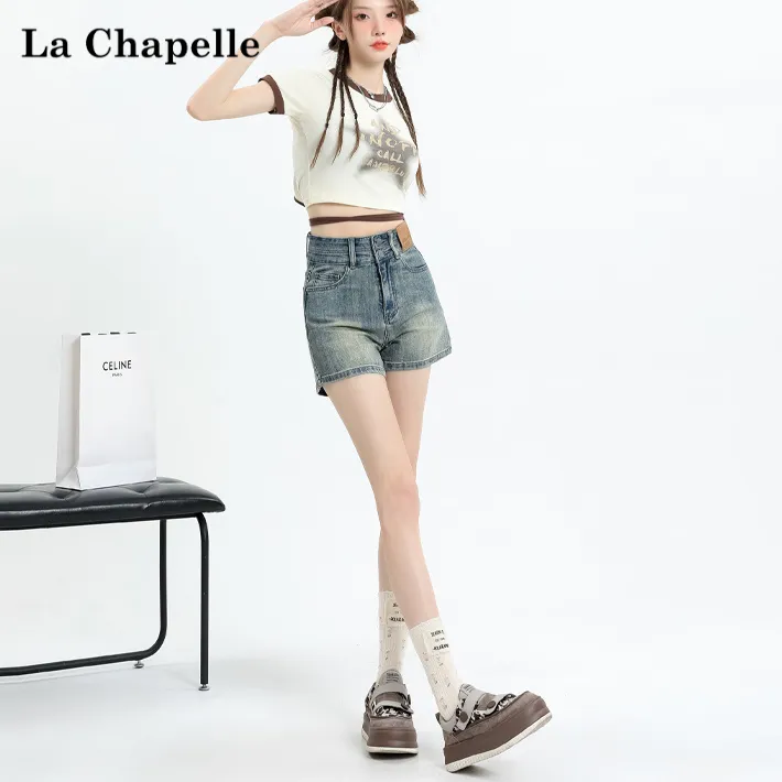 拉夏贝尔2025夏季新款高腰牛仔短裤女宽松显瘦阔腿裤洋气复古热裤